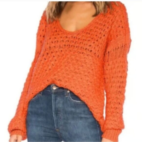 Free People Crashing Waves Chunky Knit Pullover V Neck Sweater in Red Orange - Picture 2 of 10